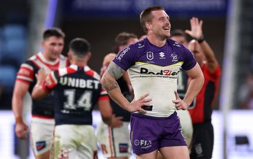 Cameron Munster of the Storm is sent to the sin-bin for a professional foul against James Tedesco of the Roosters.