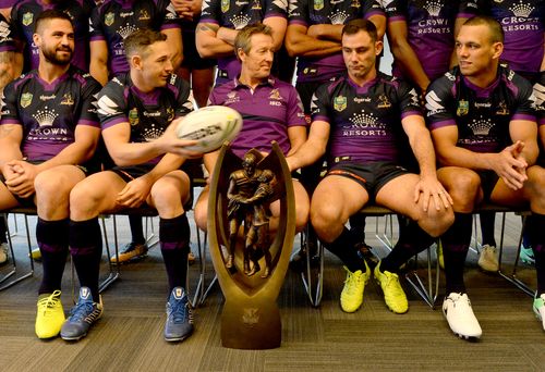 The Provan Summons trophy at a Melbourne Storm media event. (AAP)