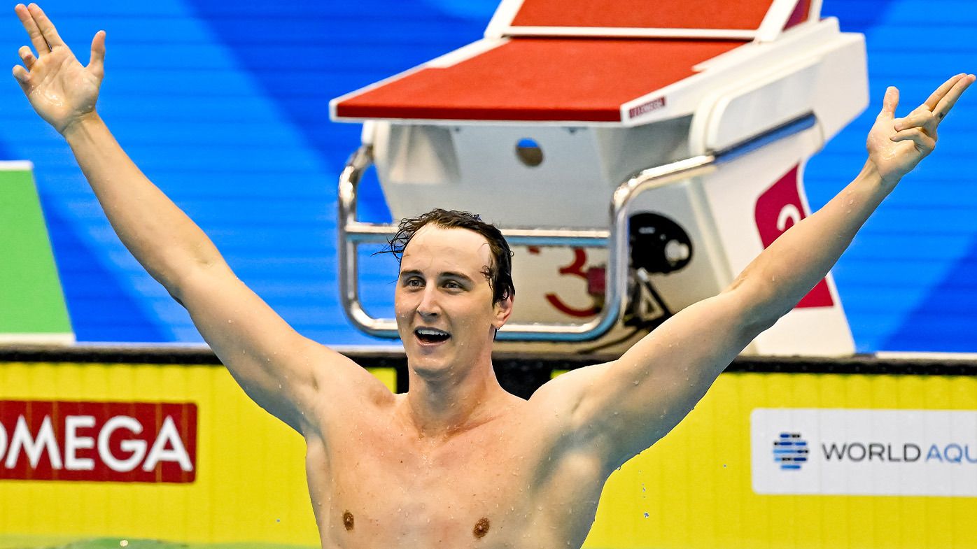 Cameron McEvoy celebrates winning gold at the World Aquatics Championships in July.