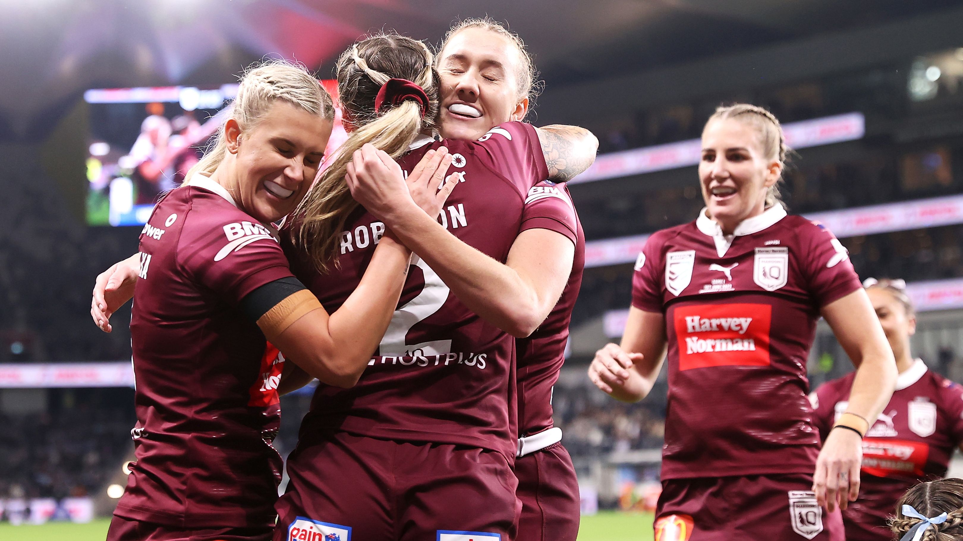SYDNEY, AUSTRALIA - JUNE 01: Julia Robinson of the Maroons celebrates with her team mates after scoring a try during game one of the Women&#x27;s State of Origin series between New South Wales and Queensland at CommBank Stadium on June 01, 2023 in Sydney, Australia. (Photo by Mark Kolbe/Getty Images)