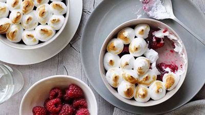 Recipe:&nbsp;<a href="http://kitchen.nine.com.au/2016/05/16/12/59/raspberries-with-eucalyptus-meringue" target="_top" draggable="false">Raspberries with eucalyptus meringue</a>
