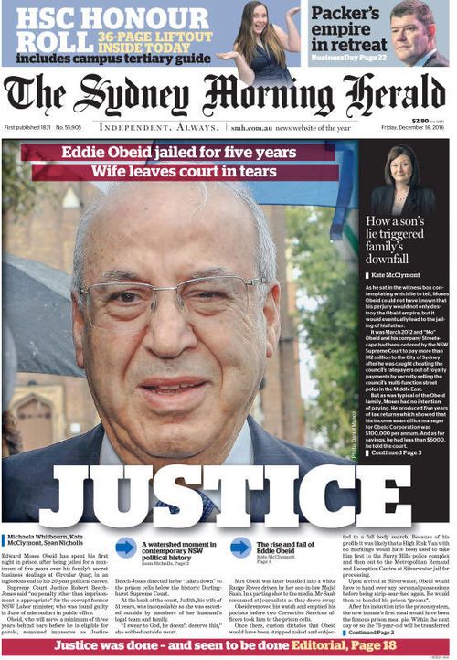 The front page of The Sydney Morning Herald reports on Eddie Obeid's five-year jail term.
