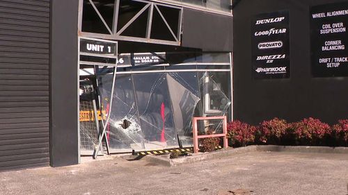 It didn't take much for the stolen cement mixer truck to smash through the glass doors of a Hallam business.