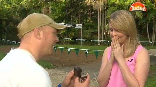 Owen Morgan surprised his girlfriend with the proposal after carrying the ring around for more than three months. (9NEWS)