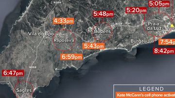 Map showing cell phone pings of Kate and Gerry McCann