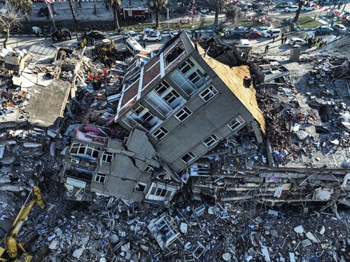 Aerial photo shows the destruction in Kahramanmaras, southern Turkey, Wednesday, Feb. 8, 2023.