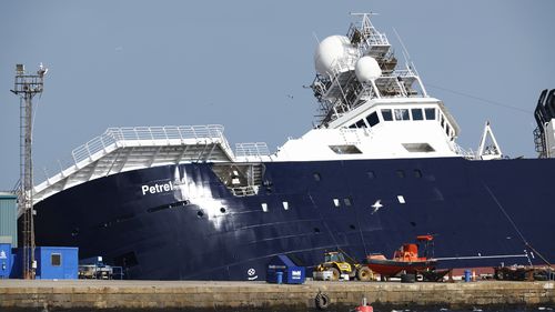 A ship tipped over at a 45-degree angle in the Imperial Dock area in Leith on March 22, 2023 in Leith, Scotland.  