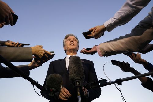 US Secretary of State Antony Blinken speaks to members of the media before leaving Cairo, en route to Jordan. (AP Photo/Jacquelyn Martin, Pool)