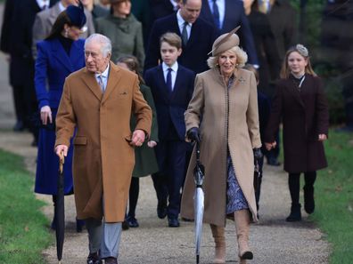 Catherine, Princess of Wales, King Charles III, Prince George, Prince William, Prince of Wales, Queen Camilla and Mia Tindall attend the Christmas Morning Service