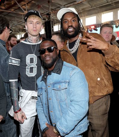 mgk (Machine Gun Kelly), Kevin Hart and Meek Mill attend the 2026 Fanatics Super Bowl Party at Pier 48 in San Francisco on February 07, 2026 in San Francisco, California.