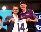 MELBOURNE, AUSTRALIA - NOVEMBER 20: Connor O&#x27;Sullivan is seen with Joel Selwood after being selected at number 11 by the Geelong Cats during the 2023 AFL Draft at Marvel Stadium on November 20, 2023 in Melbourne, Australia. (Photo by Michael Willson/AFL Photos via Getty Images)