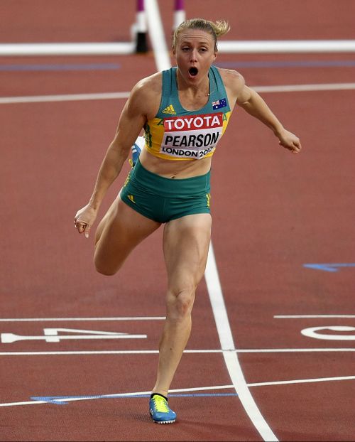 Pearson reacts after winning the 100m hurdles at the 2017 World Championships in London. (AAP)