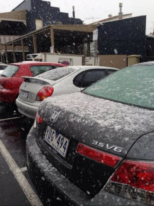 Snow dusting cars in Ballarat off Sturt Street. (Twitter, @kstowellaus)