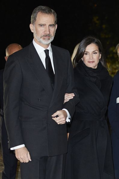 King Felipe VI of Spain and Queen Letizia of Spain attend Placido Arango's funeral at Los Jeronimos on March 04, 2020.