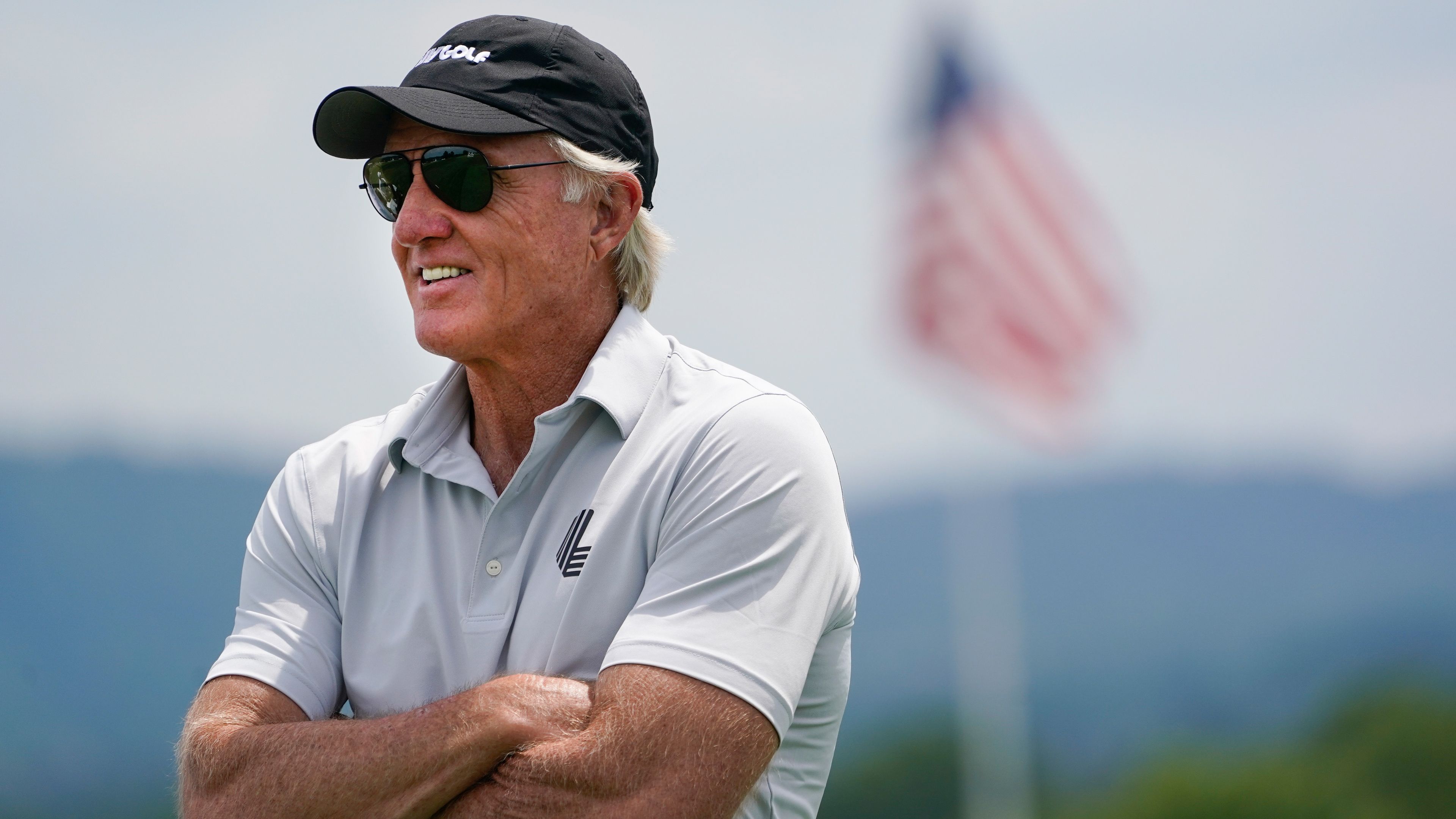 Greg Norman watches play during the pro-am round of the Bedminster Invitational LIV Golf tournament. (AP Photo/Seth Wenig)