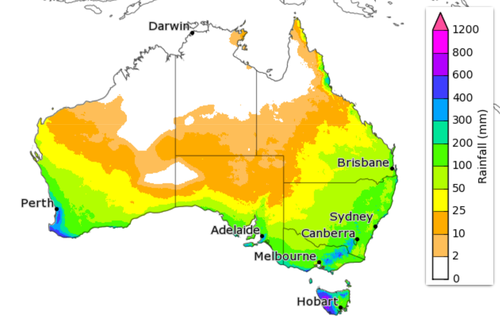 A weather map showing rainfall forecasts for winter across Australia.