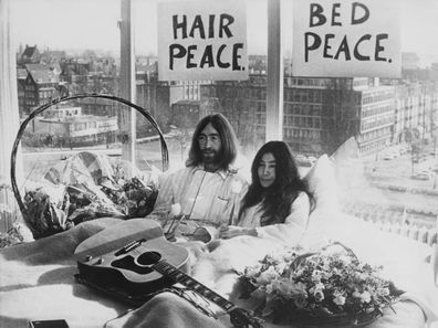 John Lennon and Yoko Ono's bed-in protest in Amsterdam.