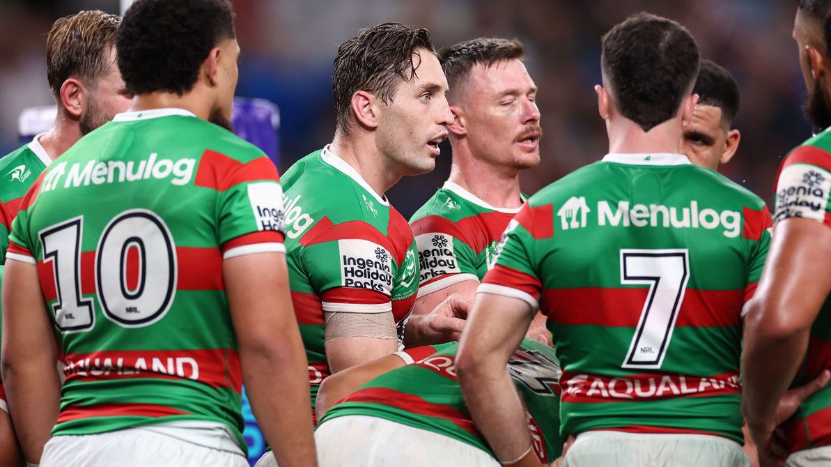 Cameron Murray addresses his Rabbitohs teammates during their round three loss to the Roosters.