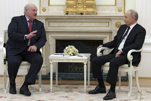 Russian President Vladimir Putin, right, listens to Belarus President Alexander Lukashenko during their meeting at the Kremlin in Moscow, Russia, Thursday, April 11, 2024. 