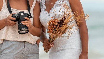 Photographer, Grooms, Looking, Camera, Beach