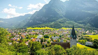 Balzers village with Saint Nicholas' church in Liechtenstein.