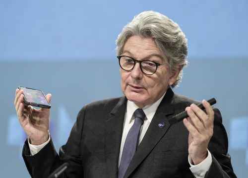 European Commissioner for Internal Market Thierry Breton speaks during a media conference on a common charging solution for mobile phones at EU headquarters in Brussels, Thursday, Sept. 23, 2021.