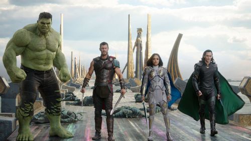 The Hulk, from left, Chris Hemsworth as Thor, Tessa Thompson as Valkyrie and Tom Hiddleston as Loki in a scene from, "Thor: Ragnarok." (Marvel Studios via AP)
