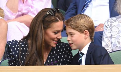 LONDON, ENGLAND - JULY 10: Catherine, Duchess of Cambridge and Prince George of Cambridge attend the Men's Singles Final at All England Lawn Tennis and Croquet Club on July 10, 2022 in London, England. (Photo by Karwai Tang/WireImage)