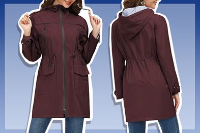 9PR: Kate Kasin Women's Raincoat Hooded Trench Coat, Wine