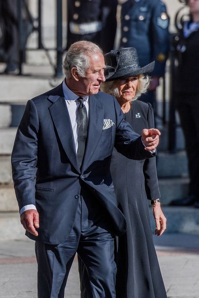 His Majesty King Charles Her Majesty the Queen Consort arrive at a Service of Reflection at St Anne's Cathedral on September 13, 2022 in Belfast, Northern Ireland.