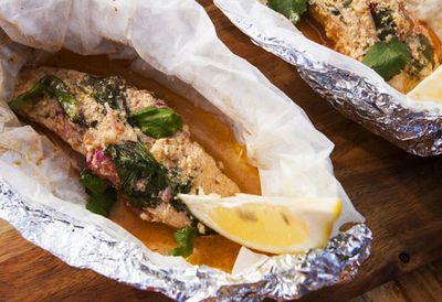 Recipe: <a href="http://kitchen.nine.com.au/2016/05/20/10/03/anjum-anands-tandoori-grilled-salmon-parcels" target="_top">Anjum Anand's tandoori grilled salmon parcels</a>