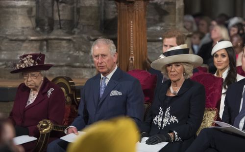Meghan sits behind the Queen, Prince Charles and Camilla. Picture: PA/AAP