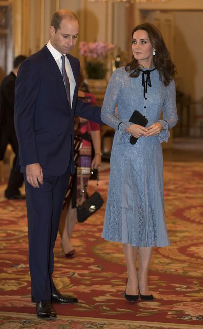 <p>The Duchess of Cambridge has made her first official appearance since announcing her third pregnancy and she's done so in high style.</p>
<p>Duchess Kate stepped out wearing a lace midi dress by Temperley London. It's not the first time she's worn the label - it's not even the first time she's worn this particular lace dress - but it is the first time we've seen her in this pretty dusty blue version.</p>
<p>At first glance it's an unusual choice for maternity wear but at closer inspection it actually makes perfect sense.</p>
<p>The sleeves are long and loosely gathered at the wrist meaning Duchess Kate can remain cool and comfortable. The high neck is decorated with a darling black bow which keeps eyes up high and the slightly-high waistline means that the Duchess's barely-there baby bump is discrete.</p>
<p>Fancy a lace number like this for yourself? Click through for our lace edit.</p>
<p>&nbsp;</p>
