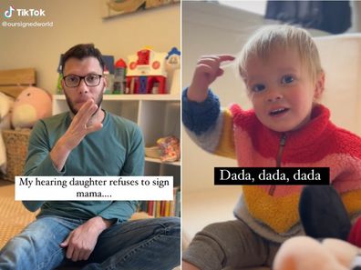 Deaf dad shows daughter using sign language.