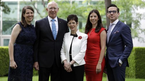 Newly appointed Australian Governor General David Hurley (2nd left) with his family (L-R) daughter Caitlin Orr, wife Linda Hurley, daughter Amelia Hurley and son Marcus Hurley at Parliament House.