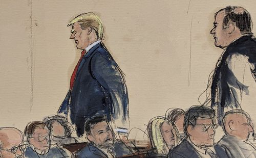 In this courtroom sketch, Friday, Jan. 26. 2024, Donald Trump, left, is followed by his inside counsel Boris Epshteyn, as he walks out of the Federal courtroom