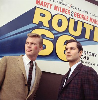 (from left) Martin Milner as Tod Stiles and George Maharis as Buz Murdock in the CBS television network series, "Route 66."  January, 1962.