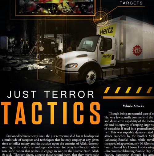 A back issue of Rumiyah, the online magazine of Islamic State, explains how supporters can use vehicles to launch terror attacks. Source: Supplied