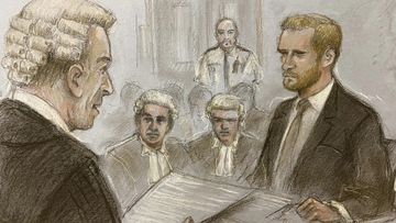 A court artist sketch by Elizabeth Cook of Britain&#x27;s Prince Harry being being cross examined by Andrew Green KC, as he gives evidence at the Rolls Buildings in central London, Wednesday, June 7, 2023 