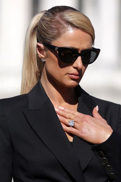 Paris Hilton speaks during a news conference outside the U.S. Capitol October 20, 2021 in Washington, DC.