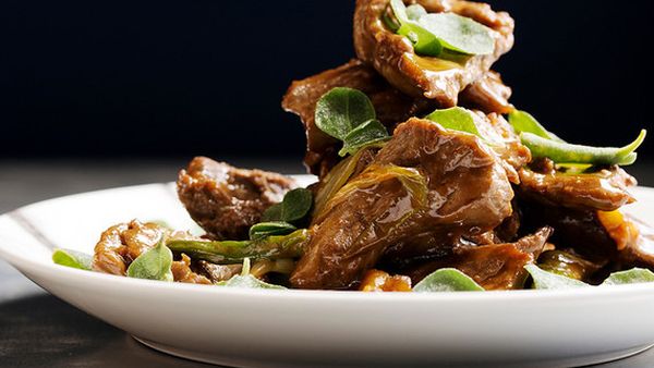 Lotus' wok-fried wallaby rump with sweet bean paste and salt bush