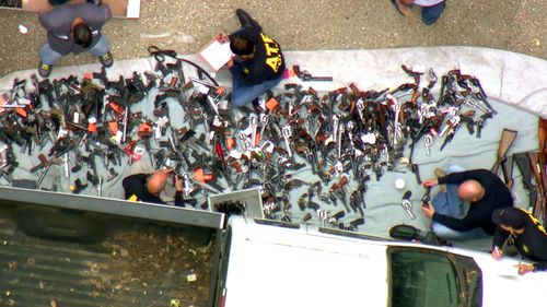 A search warrant was served around 4am near the Playboy Mansion in LA. More than a thousand guns were seized.