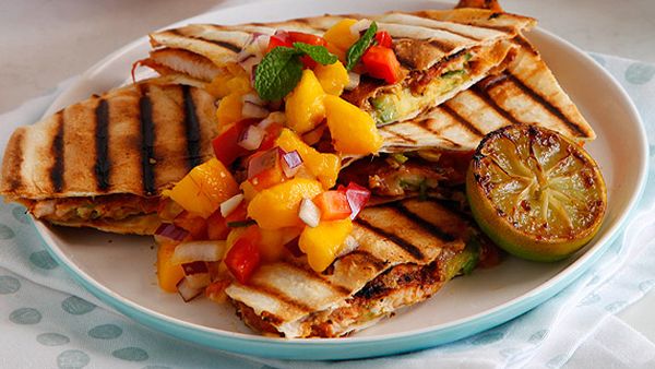 Chicken quesadilla with charred lime and mango salsa