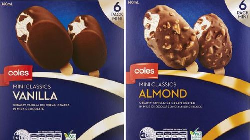 Coles Mini Classics Vanilla 360mL 6 pack, Best Before 16/04/2020 and 17/04/2020 • Coles Mini Classics Almond 360mL 6 pack, Best Before 18/04/2020