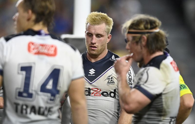 Cameron Munster of the Storm looks on during the round 11 loss to the Cowboys.