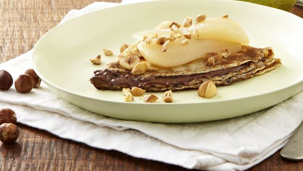Crepes with Nutella, poached pears and toasted hazelnuts