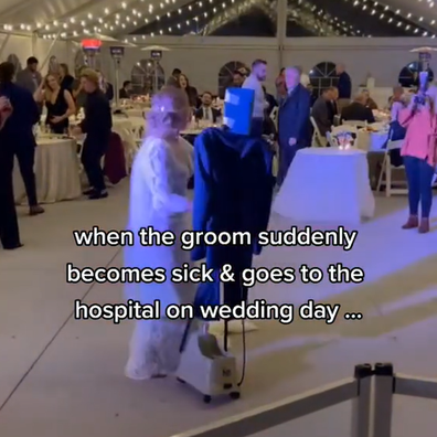Bride hilariously dances with mannequin husband' after groom falls ill at wedding reception