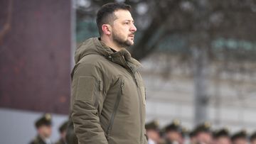 Ukrainian President Volodymyr Zelenskyy attends a commemorative event on the occasion of the Russia Ukraine war one year anniversary, in Kyiv, Ukraine, Friday, Feb. 24, 2023. 