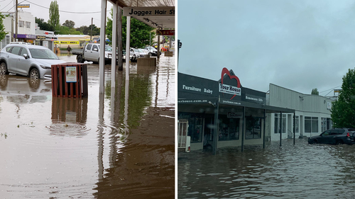 Flash flooding is seen outside NSW SES' Cooma-Monaro Unit after a thunderstorm passed through. 