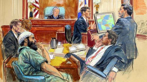 Ex-FBI special agent Aaron Zebley (third from right) is questioned during the trial of al-Qaeda terrorist Zacarias Moussaoui. (AAP)